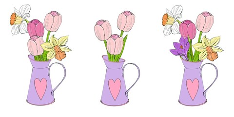 Set of Easter flowers bouquet in cartoon style. Hand painted illustration on a white background. Design element for invitation end greeting card