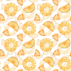 pineapples slices pieces yellow seamless pattern, hand painted watercolor