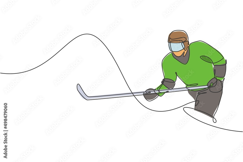 Poster one continuous line drawing of young professional ice hockey player exercising and practicing on ice
