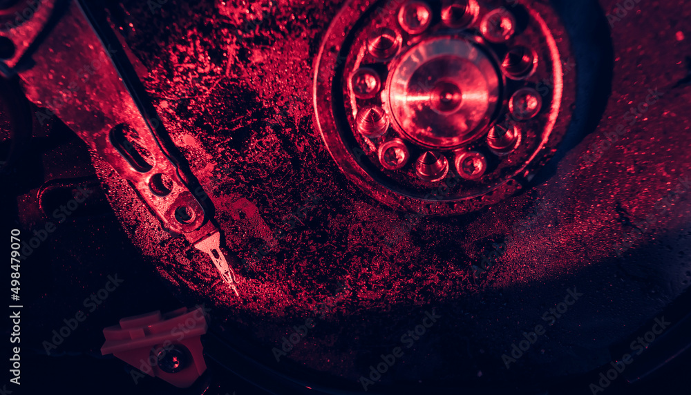 Poster Close up beautiful open detail frozen hard disk. Concept protection information or save user data.