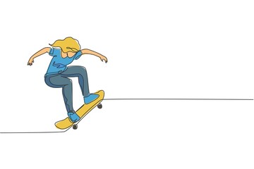 One continuous line drawing of young cool skateboarder woman riding skateboard doing a trick in skatepark. Extreme teenager sport concept. Dynamic single line draw graphic design vector illustration