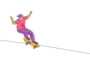 Single continuous line drawing of young cool skateboarder man riding skate and performing jump trick in skate park. Practicing outdoor sport concept. Trendy one line draw design vector illustration