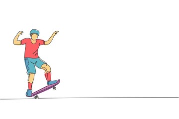 One single line drawing of young skateboarder man exercise riding skateboard in city street vector illustration. Teen lifestyle and extreme outdoor sport concept. Modern continuous line draw design