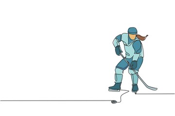 Obraz premium One single line drawing of young ice hockey player in action to play a competitive game on ice rink stadium graphic vector illustration. Sport tournament concept. Modern continuous line draw design