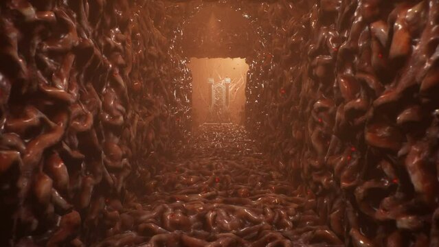 A disgusting clown living in a bloody dungeon has seized the royal throne, and his loyal zombies bow to him. The concept of a horror, inhuman kingdom. Animation perfect for scary, fantasy backgrounds.