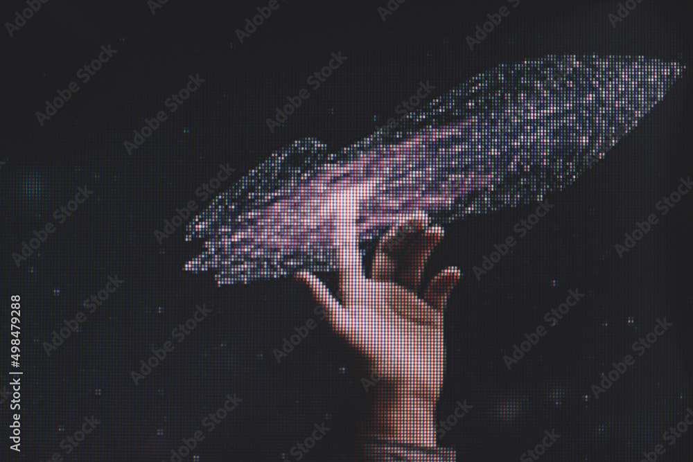 Poster human forefinger touches spaceship. macro photography view. close-up of pixel.