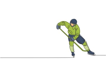 Obraz premium One continuous line drawing of young professional ice hockey player exercising and practicing on ice rink stadium. Healthy extreme sport concept. Dynamic single line draw design vector illustration