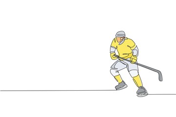 One continuous line drawing of young professional ice hockey player exercising and practicing on ice rink stadium. Healthy extreme sport concept. Dynamic single line draw design vector illustration