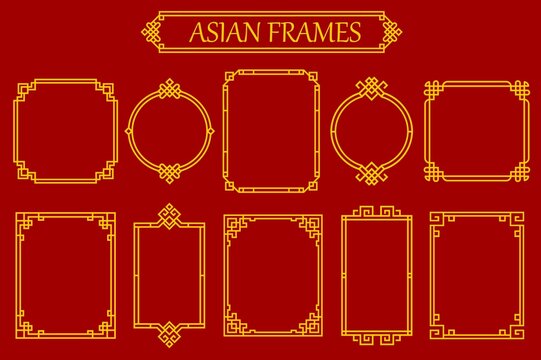 Asian Chinese, Japanese And Korean Frames And Borders With Knots, Vector Embellishments. Asian Oriental Golden Ornament Frames Or Corner Borders In Line Knots, Square And Round Dividers Or Borders