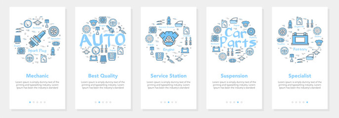 Blue car parts white banners set for website and mobile app vector