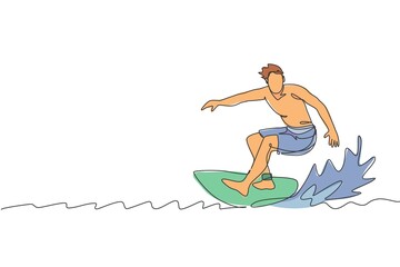 Single continuous line drawing young professional surfer in action riding the waves on blue ocean. Extreme watersport concept. Summer vacation. Trendy one line draw design graphic vector illustration