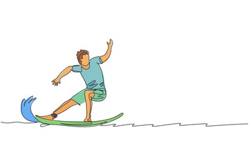 Single continuous line drawing young professional surfer in action riding the waves on blue ocean. Extreme watersport concept. Summer vacation. Trendy one line draw design vector graphic illustration