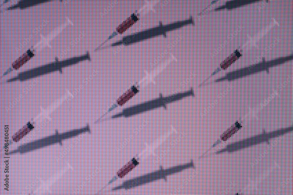 Poster Beautiful creative pattern syringe medical on a background. Macro photography view. Close-up of pixel.