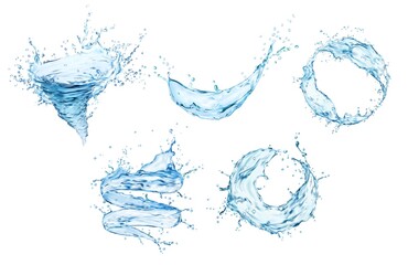 Transparent water tornado, whirlwind and swirl splashes with drops, realistic vector. Blue water wave in twister or twirl with splashing drops and bubbles in whirl, clear aqua with pouring flow