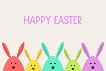 Concept of a greeting card with funny Easter bunnies. Vector