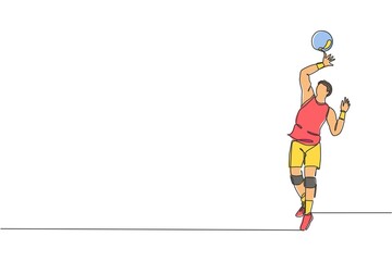 Single continuous line drawing of male young volleyball athlete player in action serve the ball on court. Team sport concept. Competition game. Trendy one line draw design vector graphic illustration