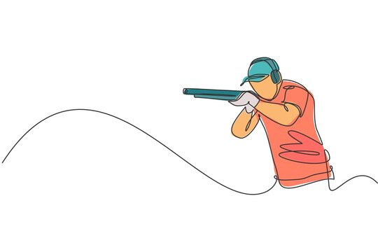 One continuous line drawing of young man on shooting training ground practice for competition with rifle shotgun. Outdoor shooting sport concept. Dynamic single line draw design vector illustration