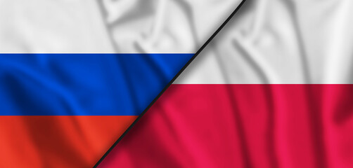Poland and Russia two flags textile cloth, fabric texture. 3d illustration.