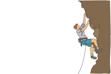 One single line drawing of young active man climbing on cliff mountain holding safety rope vector illustration graphic. Extreme outdoor sport and bouldering concept. Modern continuous line draw design