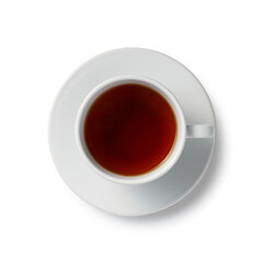 Close up one full white cup of black red tea on saucer