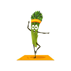 Cute green asparagus in sport band doing fitness yoga pilates exercises on mat isolated funny cartoon character. Vector healthy vegetable on workout, physical trainings of happy veggie vegetarian food