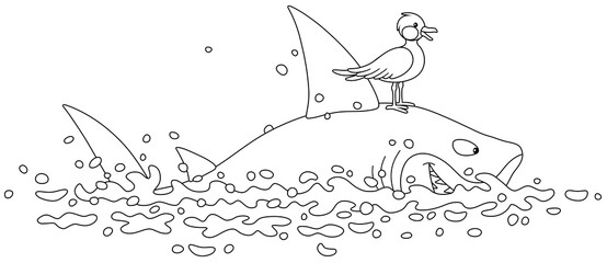 Funny great white shark and a small seagull swimming in open waters of a tropical sea, black and white vector cartoon illustration for a coloring book page - obrazy, fototapety, plakaty