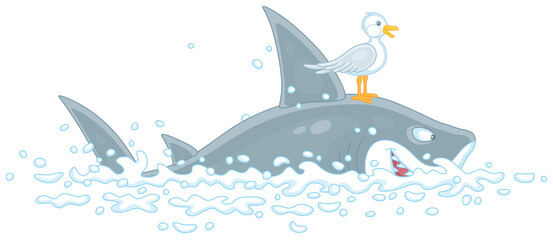 Funny great white shark and a small seagull swimming in open waters of a tropical sea, vector cartoon illustration isolated on a white background