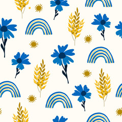 Seamless floral natural abstract  pattern, white background. Millefleurs style.  Blue yellow. Flowers and leaves. Botanical. Hand drawn.