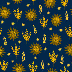 Naklejka na ściany i meble Seamless floral natural abstract pattern, dark blue background. Millefleurs style. Blue yellow. Flowers and leaves. Botanical. Hand drawn.