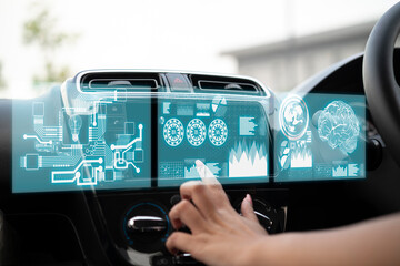 futuristic vehicle and graphical user interface. intelligent car. connected car. Internet of Things.