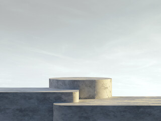 3D rendering of cement concrete podium, multilevel staircase shape, a realistic 3D round podium with sky background, for product exhibition, etc.
