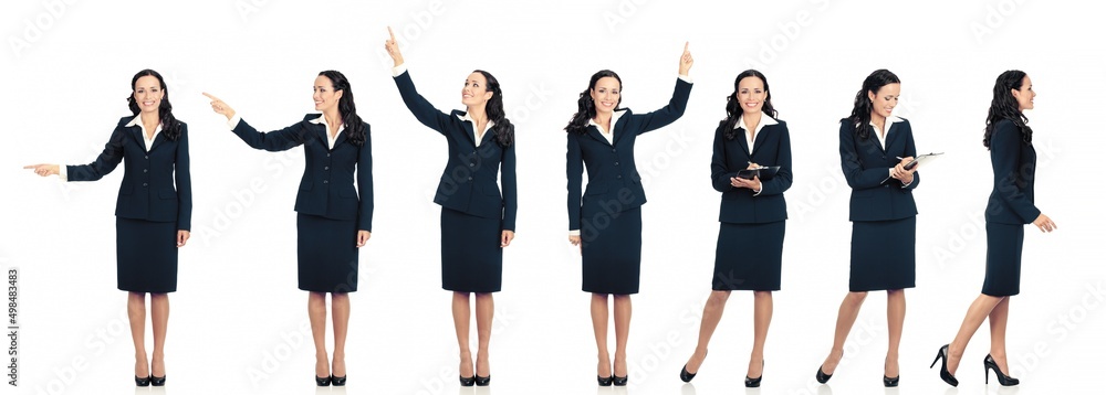 Sticker collection of full body length portraits of business woman in black suit, isolated over white backgr