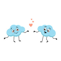 Cute cloud character with love emotions, happy face, smile, arms and legs. Person with happy expression and pose. Vector flat illustration