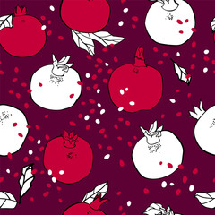 Pattern with hand drawn garnets. Seamless texture with pomegranate fruits and leaves. Outline drawing on a red background. Print for fabric, juice packaging, website design. - 498483879