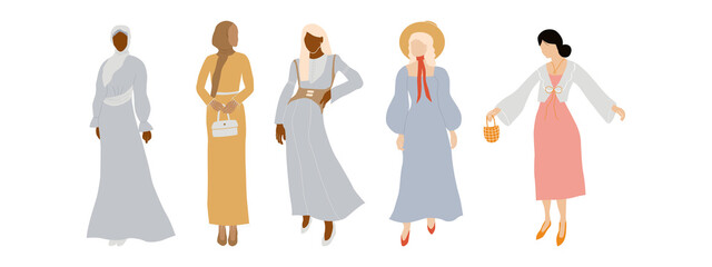 Set of stylish abstract women in dress. Collection of diversity elegant faceless female. Muslim hijab woman. Asian girl. Modern minimal vector illustration isolated on white background.