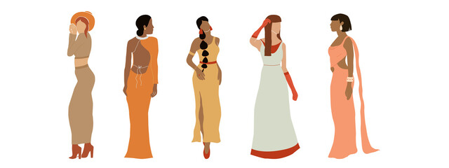Set of stylish abstract women in dress. Collection of diversity elegant faceless female. Modern minimal vector illustration isolated on white background.