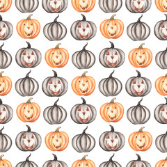 Watercolor hand drawn Halloween seamless pattern, Scary Party repeat paper, Cute pumpkins print, Black Gothic background. scrapbook paper