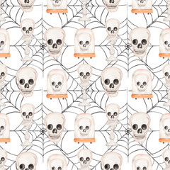 Watercolor hand drawn Halloween seamless pattern, Scary Party repeat paper, Scull, spider web, Gothic background. scrapbook paper