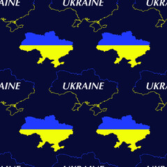 Seamless vector pattern with the map of Ukraine and the inscription Ukraine on a dark isolated background.