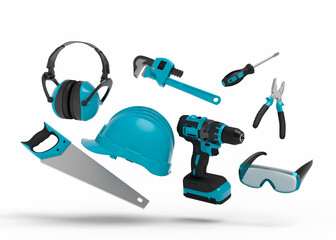 Flying view of green construction tools for repair on white