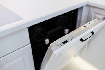 open dishwasher in the white kitchen