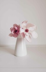 Beautiful fresh pastel pink magnolia flower in full bloom in vase against white background. Spring still life. Place for text.