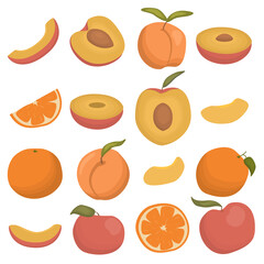 Vector set of peaches, apples, oranges. A collection of bright fruits in cartoon style on a white background isolated. Pieces and whole fruits