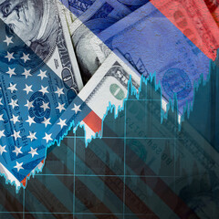 Flag of the USA and Russia on the background of the dollar with a graph. The concept of political and economic interaction - obrazy, fototapety, plakaty