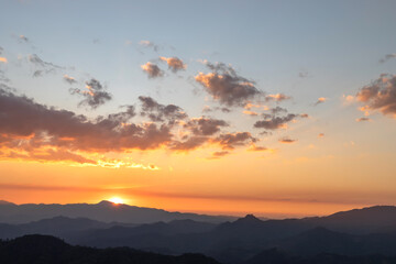 Colorful Cloudy sky At Sunset Dawn Sunrise. Sun Over Skyline,