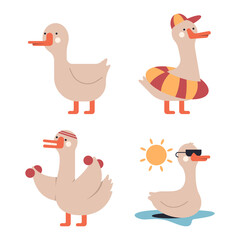 Cute goose vector cartoon characters set isolated on a white background.