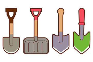Shovels of different type vector cartoon set isolated on a white background.