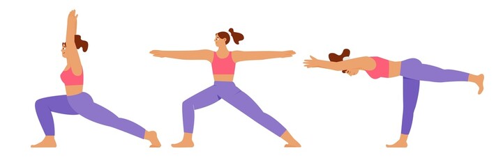 Fototapeta na wymiar Asanas set, warrior pose 1, 2, 3. Woman practicing yoga.