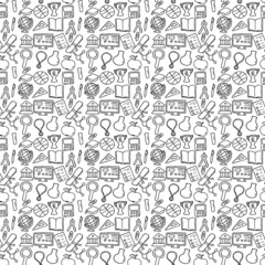 Fototapeta na wymiar Seamless vector pattern with education icons. Doodle vector with education and school icons on white background. Vintage education pattern