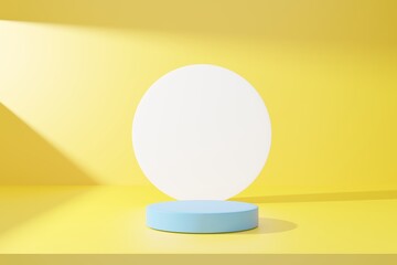 Blue podium on yellow abstract background.
